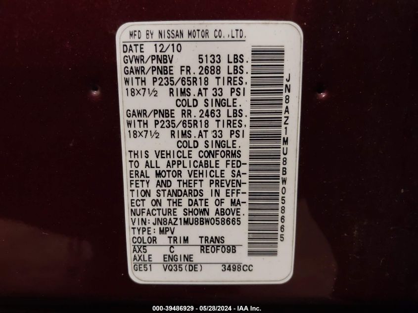 2011 Nissan Murano Sl VIN: JN8AZ1MU8BW058665 Lot: 39486929