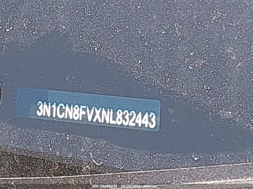 2022 Nissan Versa 1.6 Sr Xtronic Cvt VIN: 3N1CN8FVXNL832443 Lot: 39486935