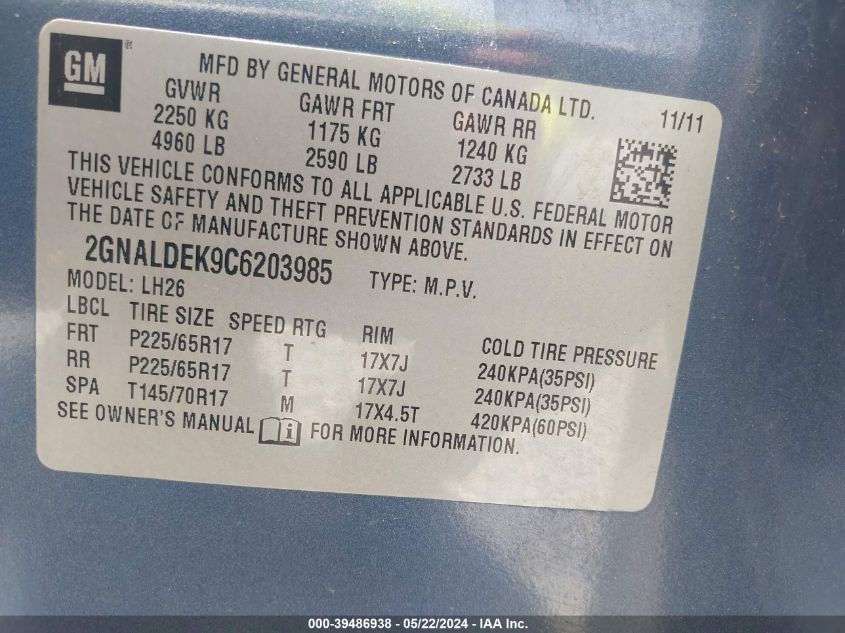 2012 Chevrolet Equinox 1Lt VIN: 2GNALDEK9C6203985 Lot: 39486938