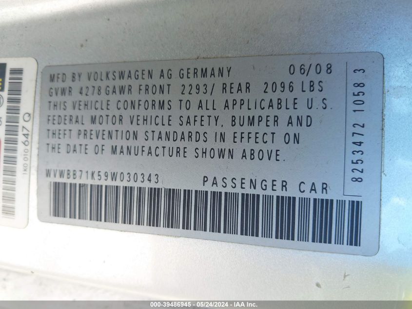 2009 Volkswagen Rabbit S VIN: WVWBB71K59W030343 Lot: 39486945