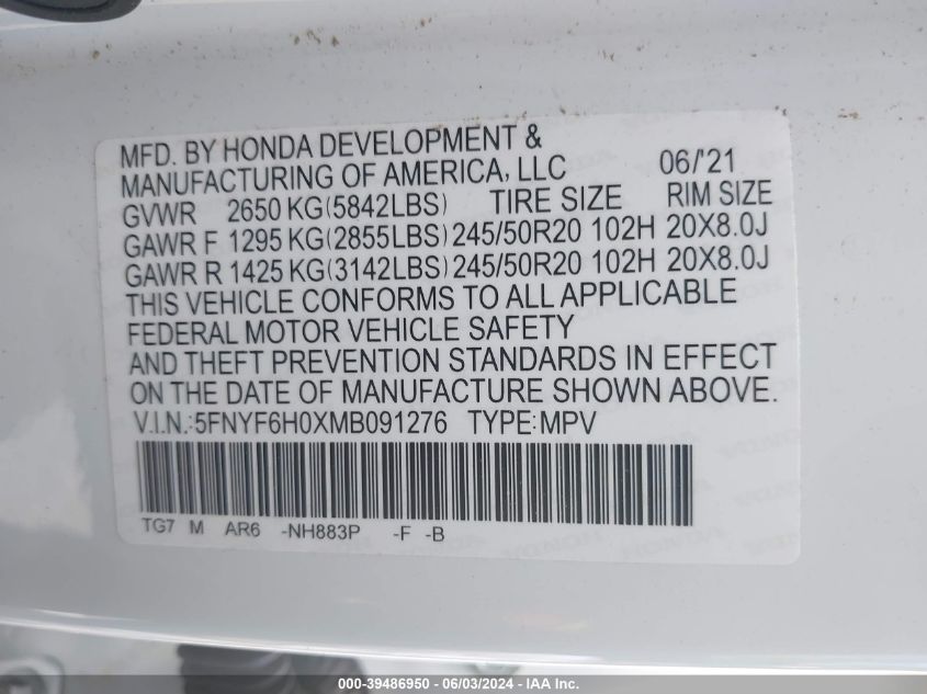 2021 Honda Pilot Awd Elite VIN: 5FNYF6H0XMB091276 Lot: 39486950