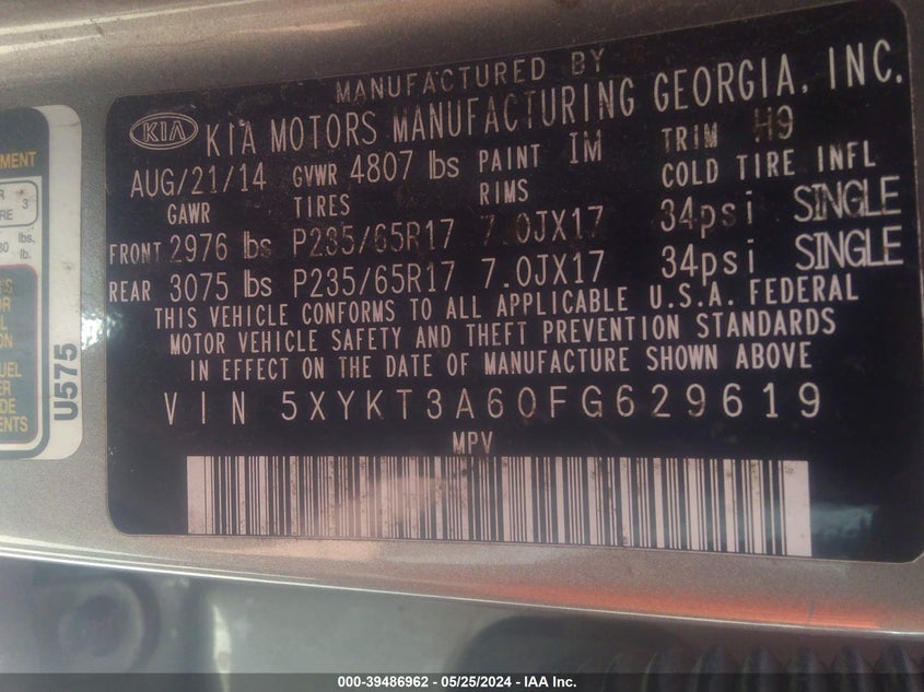 2015 Kia Sorento Lx VIN: 5XYKT3A60FG629619 Lot: 39486962