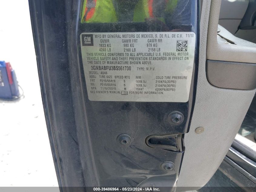 2011 Chevrolet Hhr Lt VIN: 3GNBABFU3BS561730 Lot: 39486964