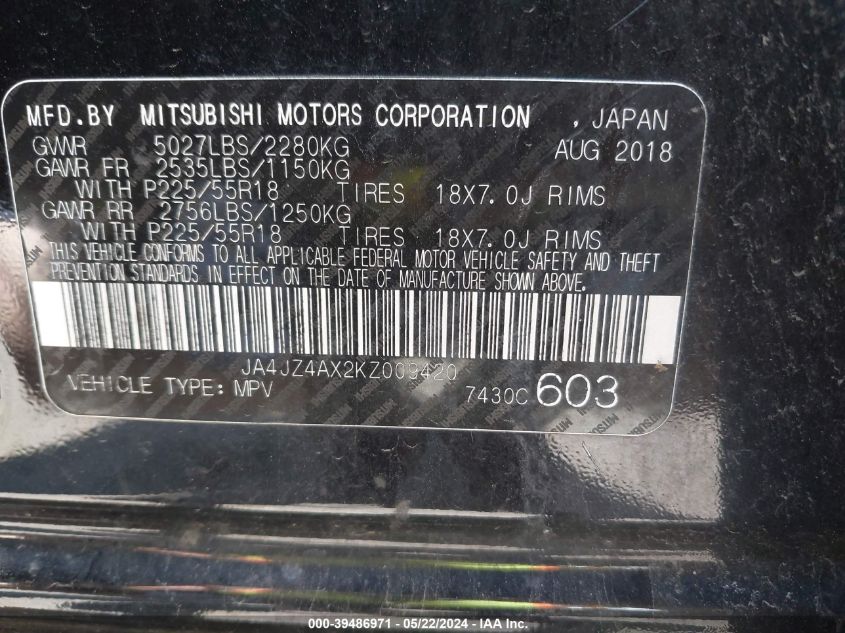 2019 Mitsubishi Outlander Gt VIN: JA4JZ4AX2KZ009420 Lot: 39486971