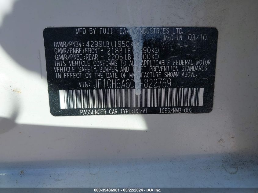 2010 Subaru Impreza 2.5I VIN: JF1GH6A60AH822769 Lot: 39486981
