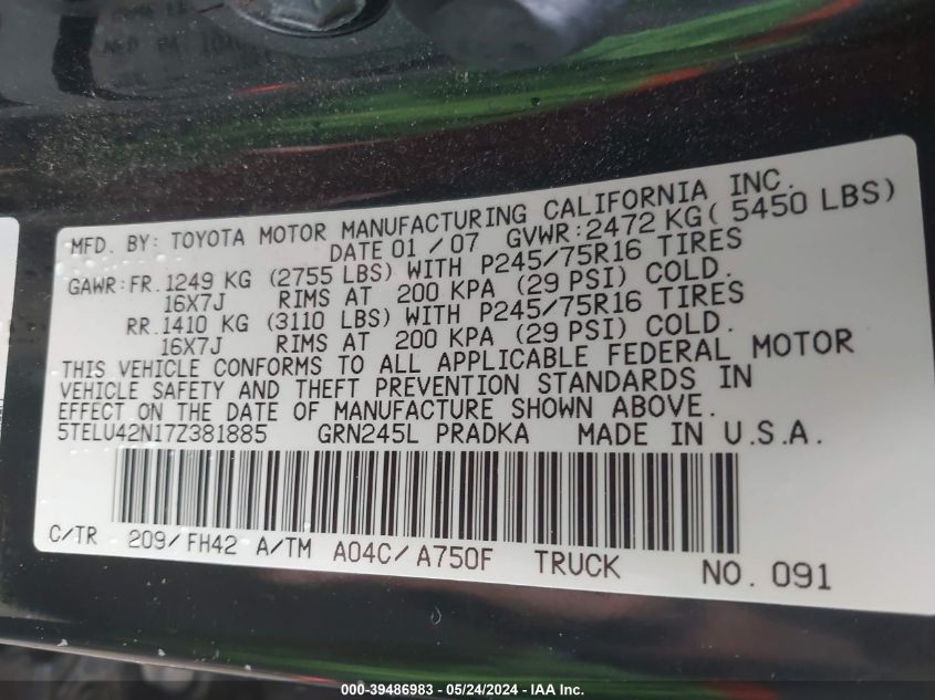 2007 Toyota Tacoma Base V6 VIN: 5TELU42N17Z381885 Lot: 39486983