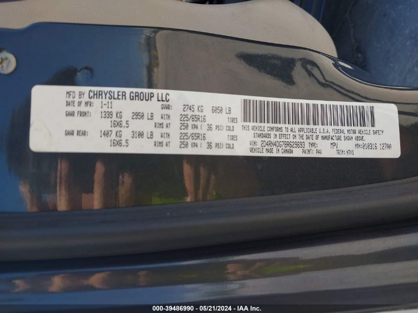 2011 Dodge Grand Caravan Express VIN: 2D4RN4DG7BR629693 Lot: 39486990