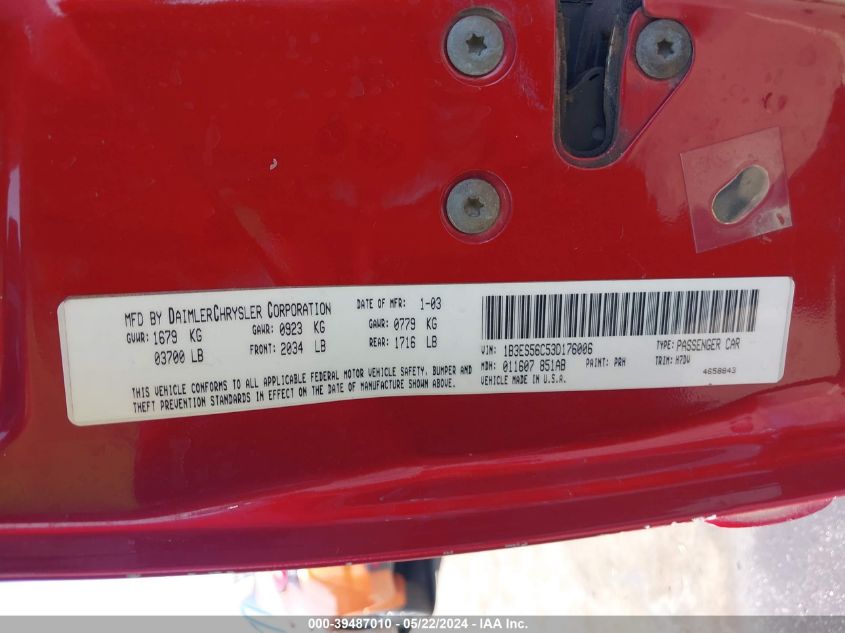 2003 Dodge Neon Sxt VIN: 1B3ES56C53D176006 Lot: 39487010