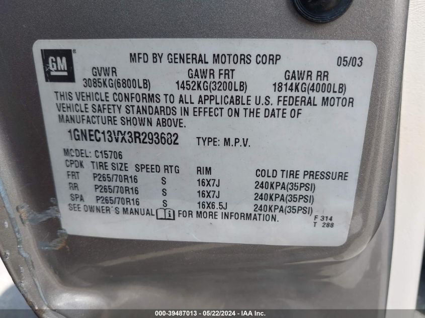 2003 Chevrolet Tahoe Ls VIN: 1GNEC13VX3R293682 Lot: 39487013