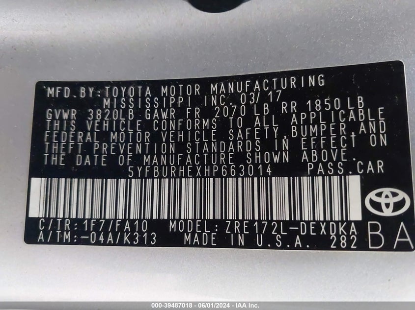 2017 Toyota Corolla L VIN: 5YFBURHEXHP663014 Lot: 39487018