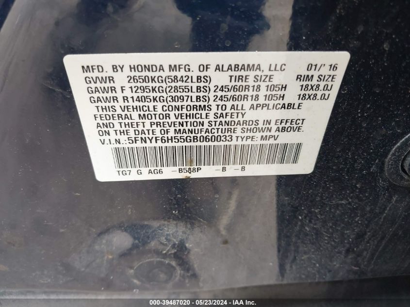 2016 Honda Pilot Ex-L VIN: 5FNYF6H55GB060033 Lot: 39487020