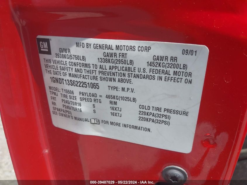 2002 Chevrolet Trailblazer Lt VIN: 1GNDT13S622251065 Lot: 39487029