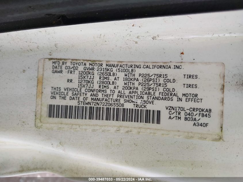 2002 Toyota Tacoma Base V6 VIN: 5TEWN72N72Z065508 Lot: 39487033