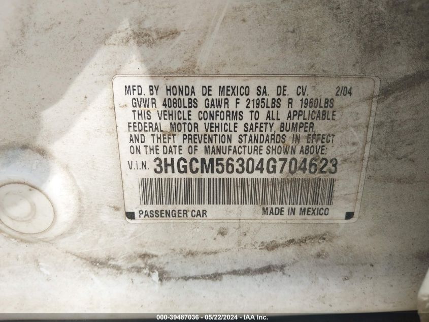 2004 Honda Accord 2.4 Lx VIN: 3HGCM56304G704623 Lot: 39487036