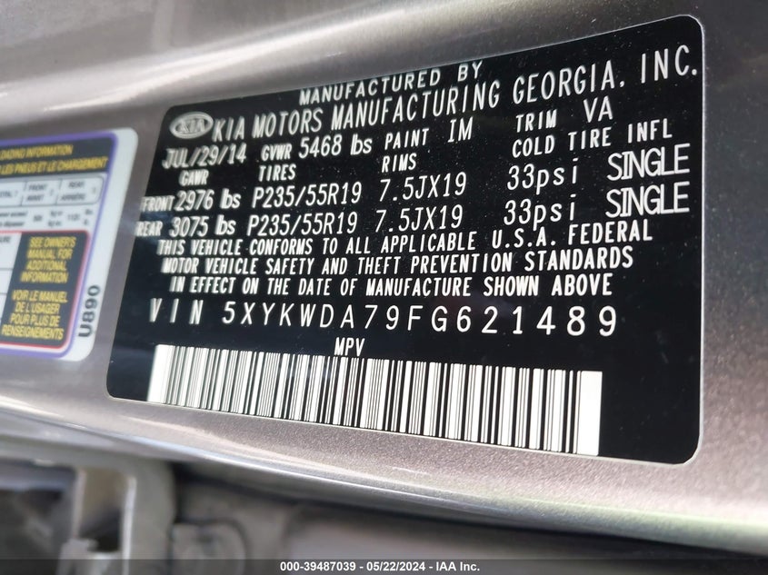 2015 Kia Sorento Sx V6 VIN: 5XYKWDA79FG621489 Lot: 39487039