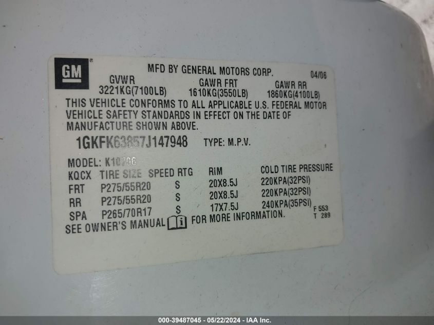 2007 GMC Yukon Denali VIN: 1GKFK63857J147948 Lot: 39487045