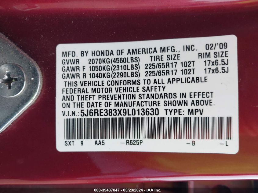 2009 Honda Cr-V Lx VIN: 5J6RE383X9L013630 Lot: 39487047