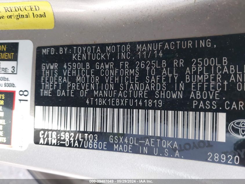 4T1BK1EBXFU141819 2015 Toyota Avalon Xle Touring