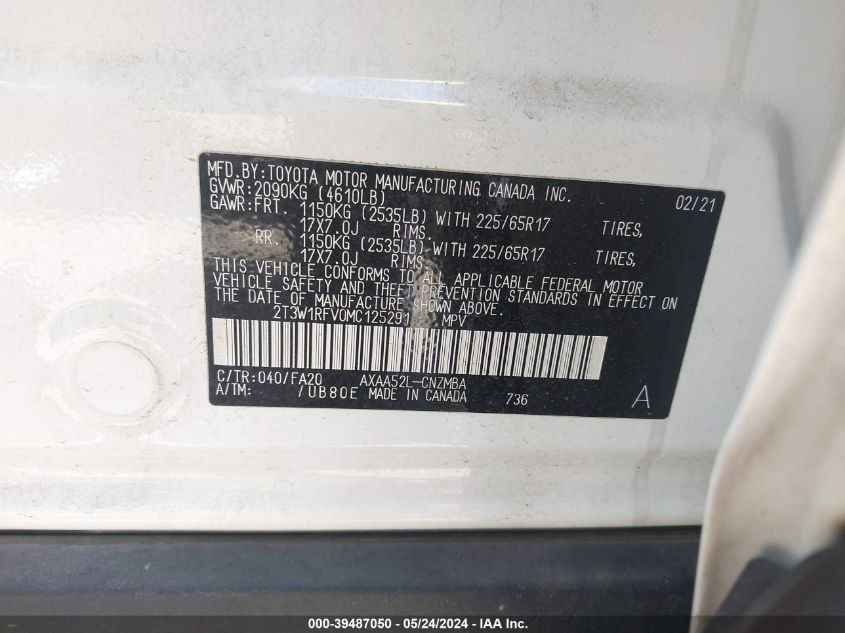 2021 Toyota Rav4 Xle VIN: 2T3W1RFV0MC125291 Lot: 39487050