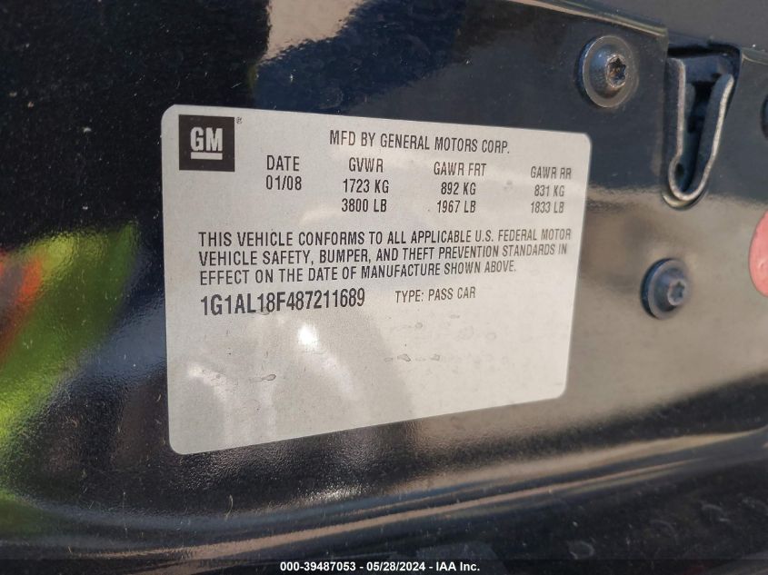 2008 Chevrolet Cobalt Lt VIN: 1G1AL18F487211689 Lot: 39487053