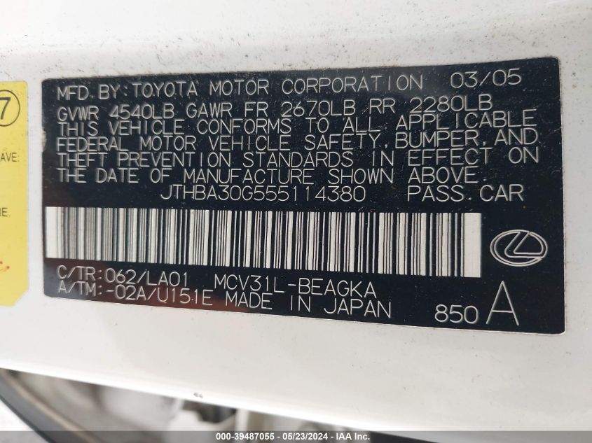 2005 Lexus Es 330 VIN: JTHBA30G555114380 Lot: 39487055