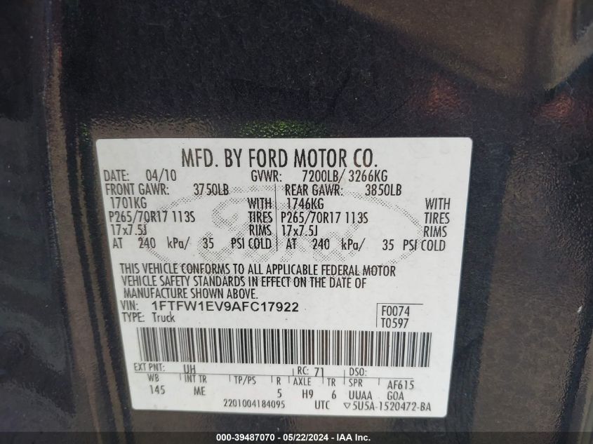 2010 Ford F-150 Fx4/Harley-Davidson/King Ranch/Lariat/Platinum/Xl/Xlt VIN: 1FTFW1EV9AFC17922 Lot: 39487070