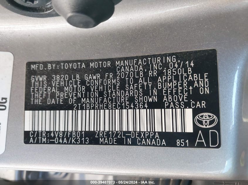 2014 Toyota Corolla Le Eco Plus VIN: 2T1BPRHE8EC154364 Lot: 39487073