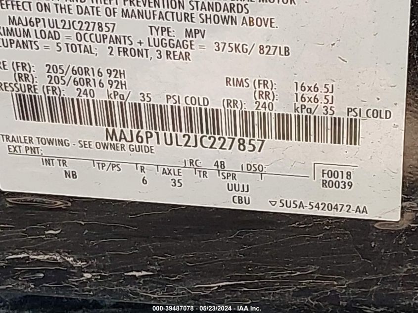 2018 Ford Ecosport Se VIN: MAJ6P1UL2JC227857 Lot: 39487078