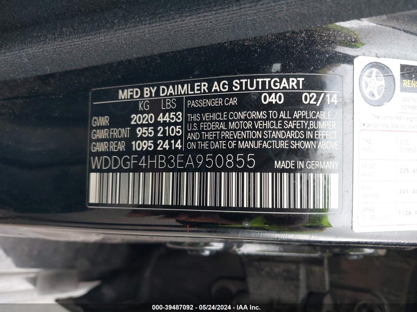 2014 Mercedes-Benz C 250 Luxury/Sport VIN: WDDGF4HB3EA950855 Lot: 39487092