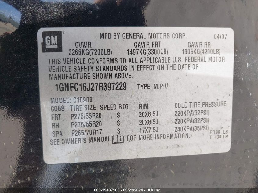 2007 Chevrolet Suburban 1500 Lt VIN: 1GNFC16J27R397229 Lot: 39487103