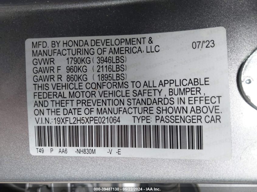 2023 Honda Civic Lx VIN: 19XFL2H5XPE021064 Lot: 39487130