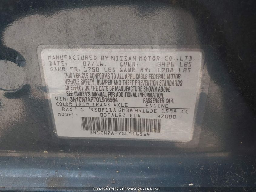 2016 Nissan Versa 1.6 Sv VIN: 3N1CN7AP7GL916564 Lot: 39487137