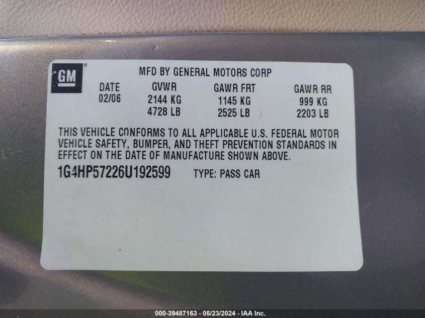 2006 Buick Lucerne Cx VIN: 1G4HP57226U192599 Lot: 39487163