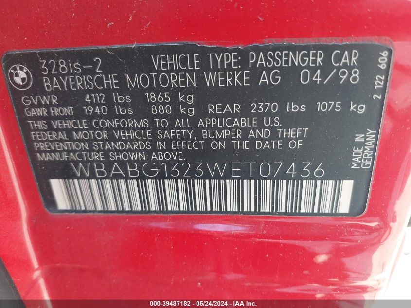 1998 BMW 328Is VIN: WBABG1323WET07436 Lot: 39487182