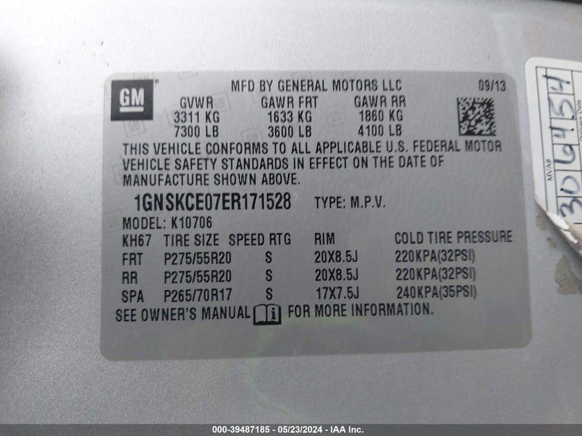 2014 Chevrolet Tahoe Ltz VIN: 1GNSKCE07ER171528 Lot: 39487185