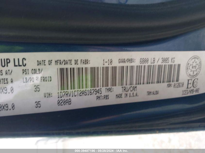 2010 Dodge Ram 1500 Slt/Sport/Trx VIN: 1D7RV1CT2AS167945 Lot: 39487186