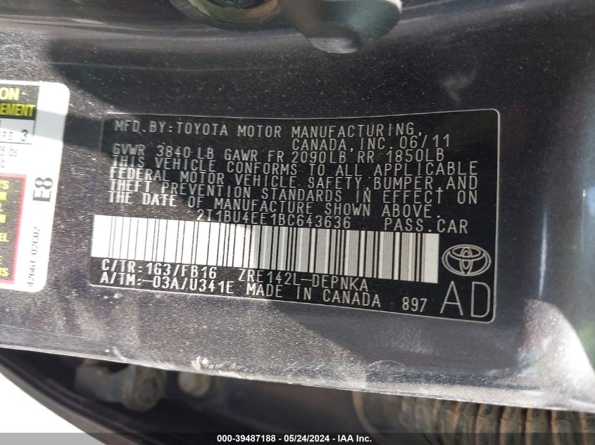 2011 Toyota Corolla Le VIN: 2T1BU4EE1BC643636 Lot: 39487188