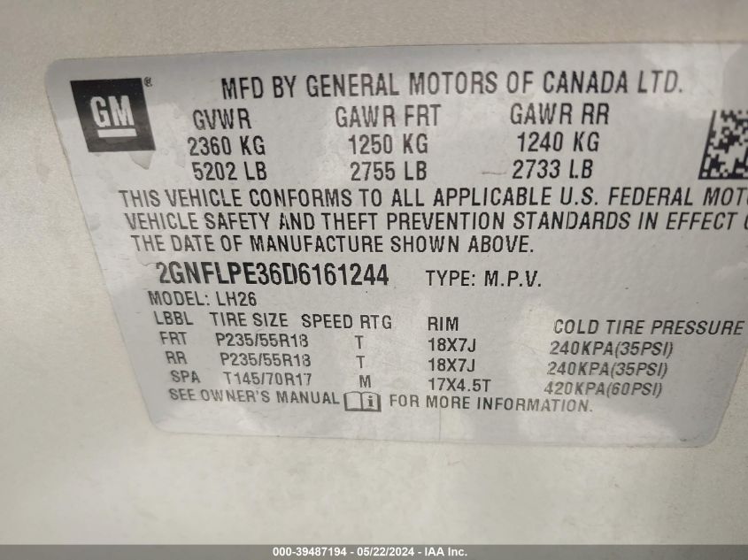 2013 Chevrolet Equinox Lt VIN: 2GNFLPE36D6161244 Lot: 39487194