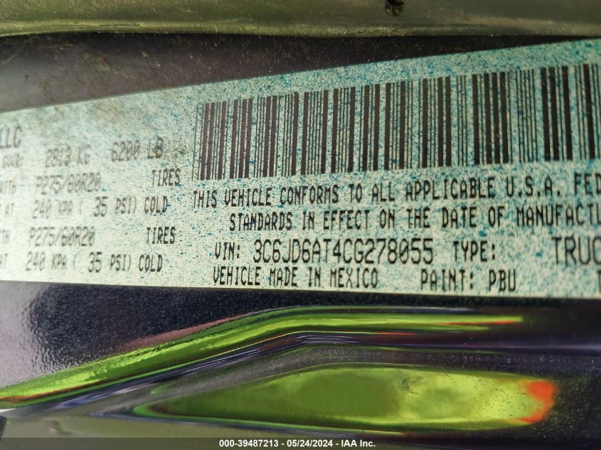2012 Ram 1500 St VIN: 3C6JD6AT4CG278055 Lot: 39487213
