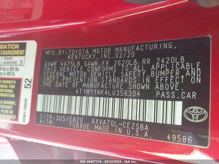 2020 Toyota Camry Se VIN: 4T1M11AK4LU356304 Lot: 39487216
