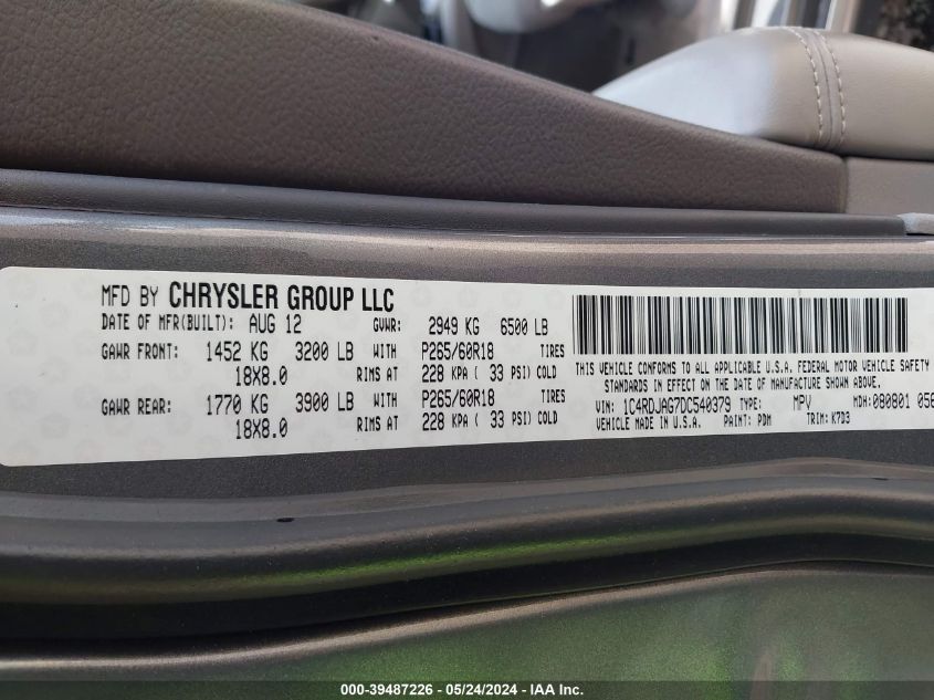 2013 Dodge Durango Sxt VIN: 1C4RDJAG7DC540379 Lot: 39487226