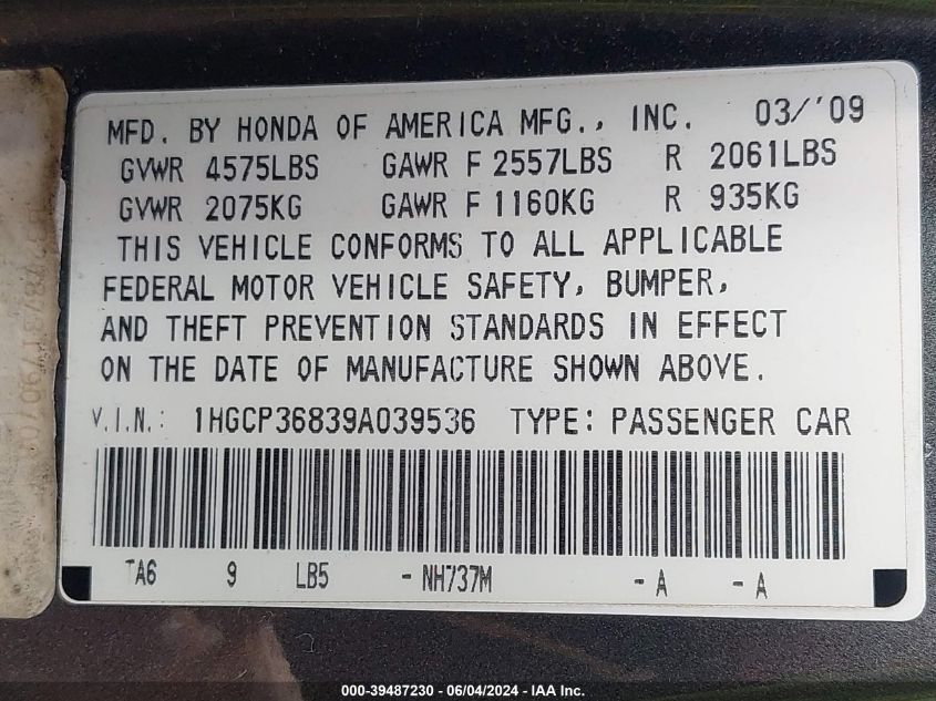 1HGCP36839A039536 2009 Honda Accord 3.5 Ex-L