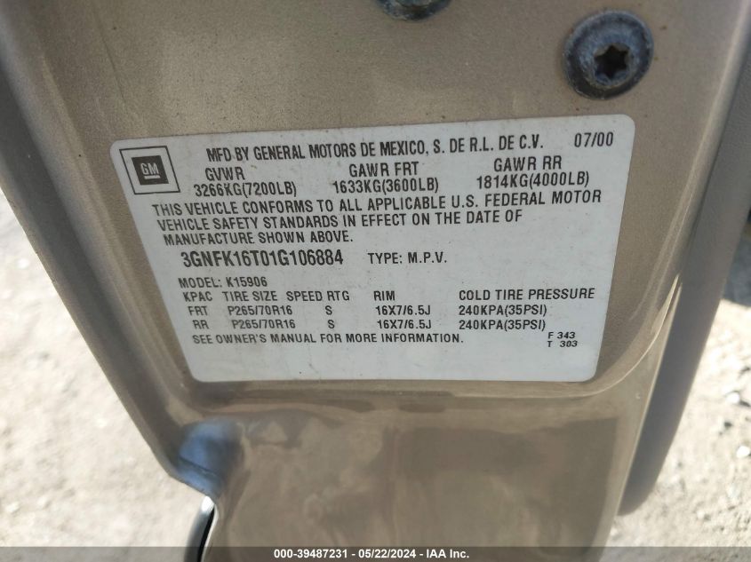 2001 Chevrolet Suburban K1500 VIN: 3GNFK16T01G106884 Lot: 39487231