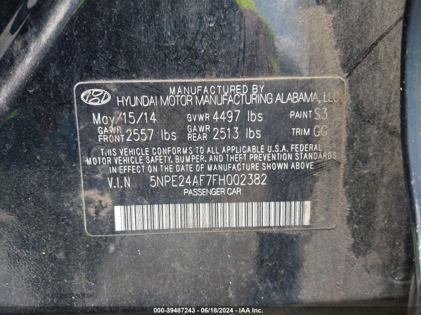 2015 Hyundai Sonata Se VIN: 5NPE24AF7FH002382 Lot: 39487243