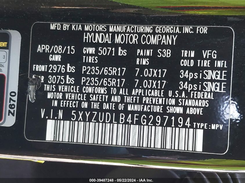 2015 Hyundai Santa Fe Sport 2.4L VIN: 5XYZUDLB4FG297194 Lot: 39487248