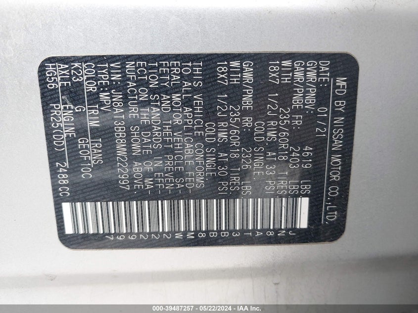 VIN JN8AT3BB8MW222997 2021 NISSAN ROGUE SV
