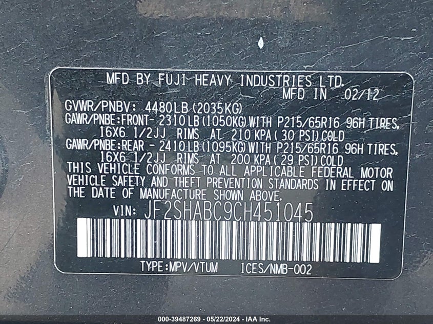 2012 Subaru Forester 2.5X VIN: JF2SHABC9CH451045 Lot: 39487269