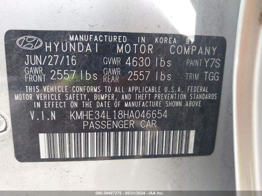2017 Hyundai Sonata Hybrid Limited VIN: KMHE34L18HA046654 Lot: 39487275