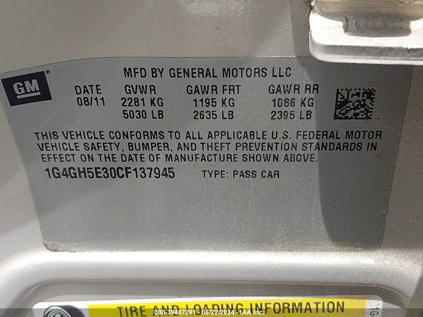 2012 Buick Lacrosse Premium 3 Group VIN: 1G4GH5E30CF137945 Lot: 39487281