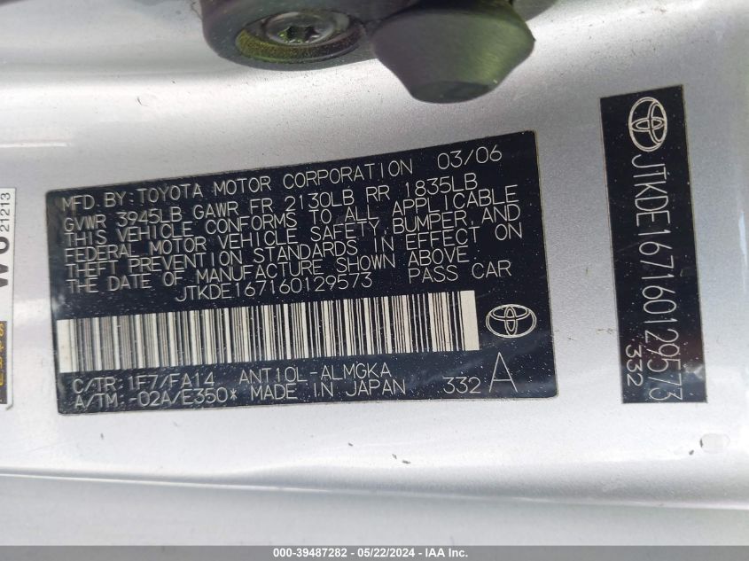 2006 Scion Tc VIN: JTKDE167160129573 Lot: 39487282